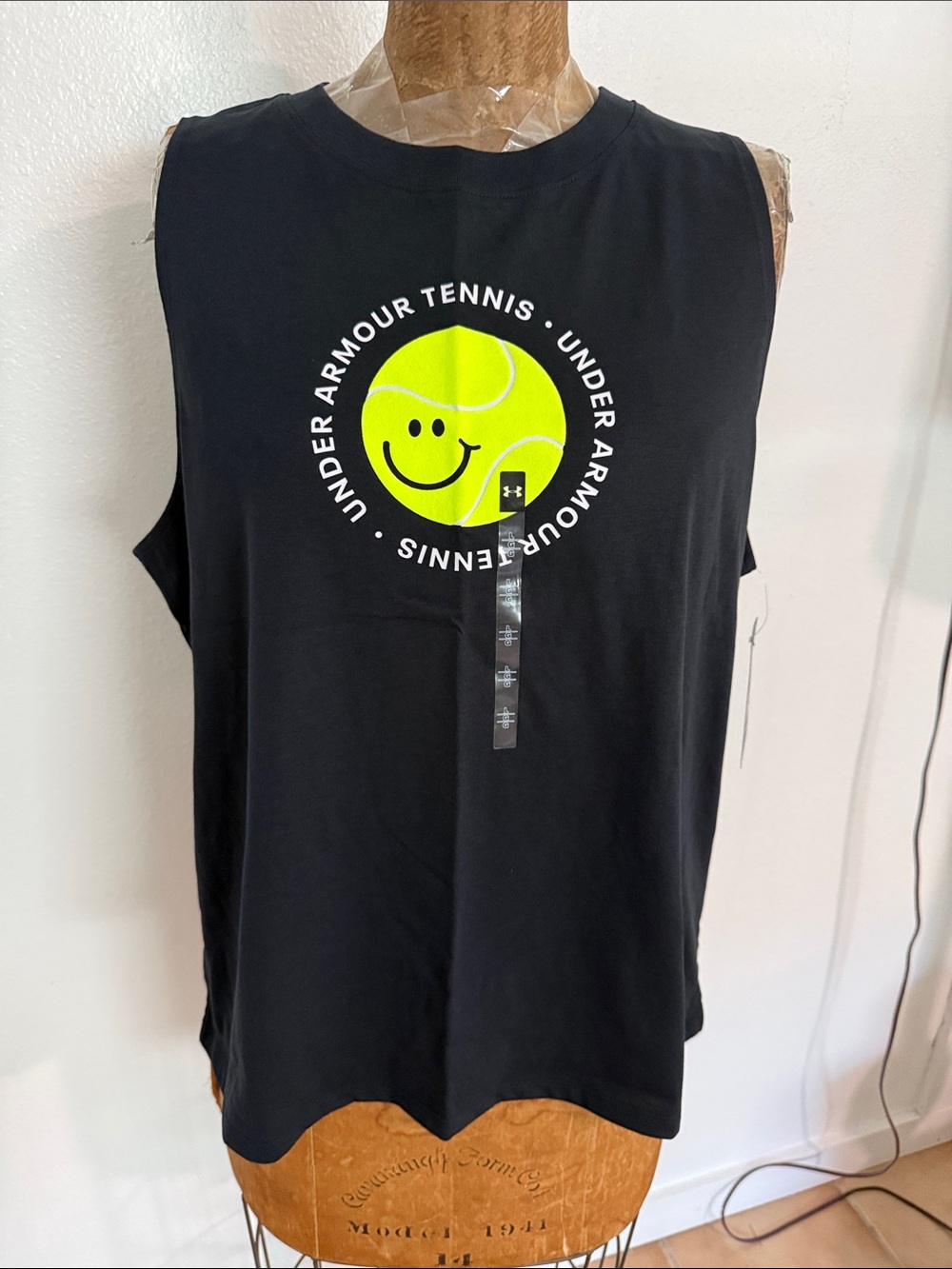 NWT Under Armour Black Tank with Neon Yellow Tennis Smile Graphic Size L